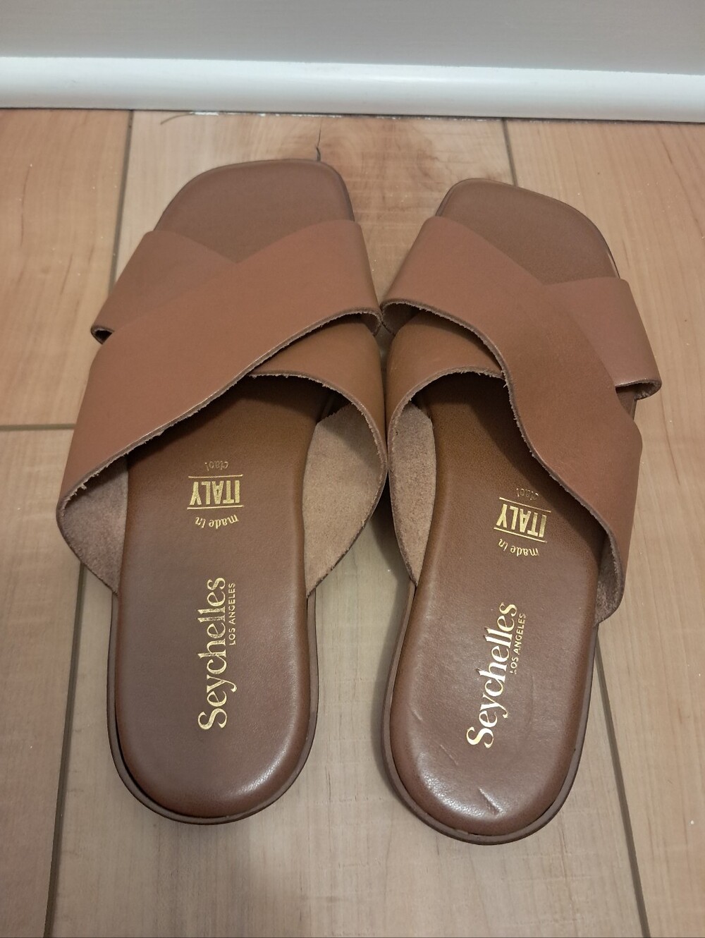 Seychelles Slides Women's 8 Tan Brown Leather Criss Cross Chai Slides Minimalist - Picture 5 of 6